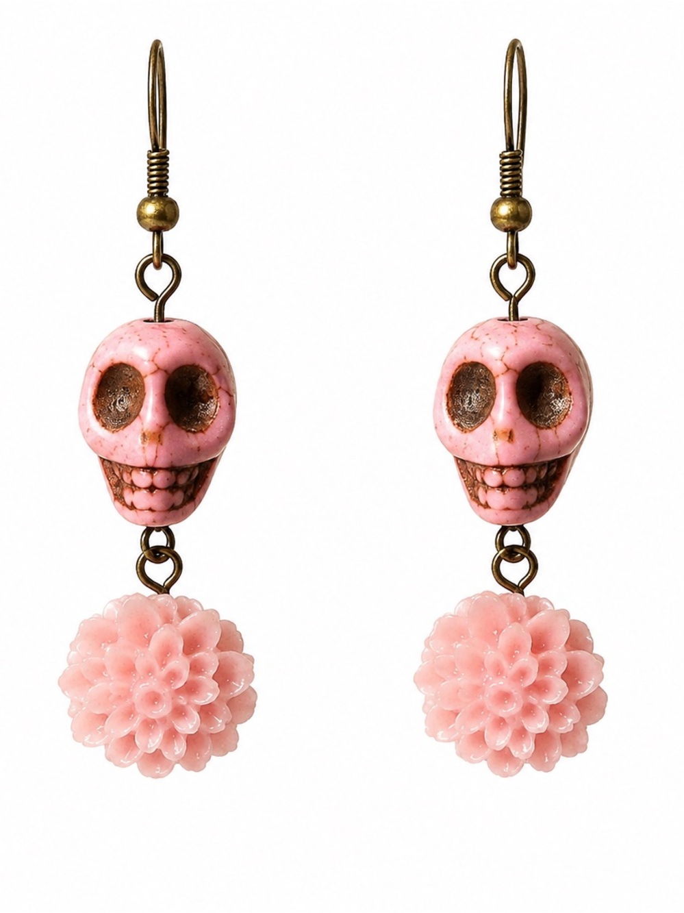 Pink Skull And Floral Earrings